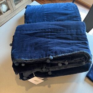 Serena & Lily Navy Blue Velvet Quilt with Pom Trim